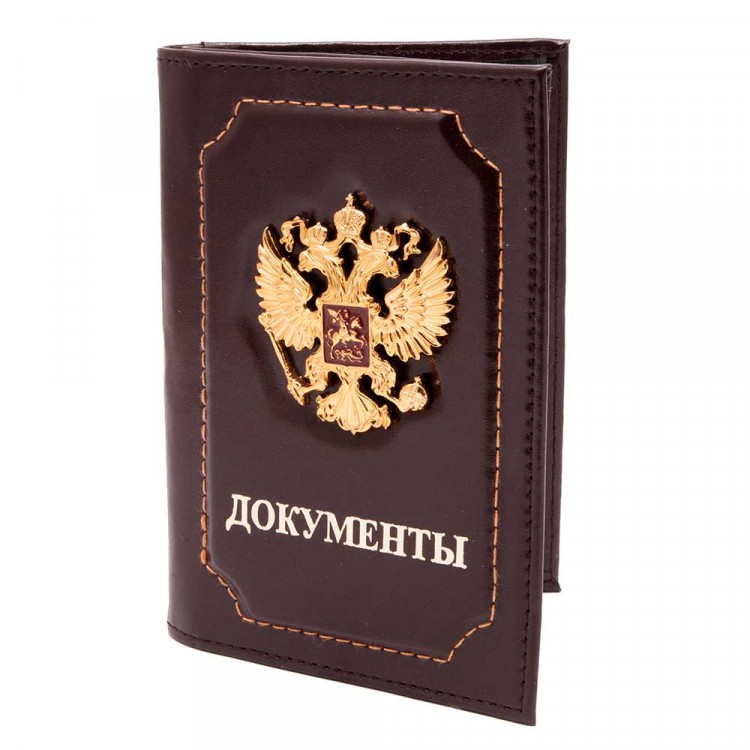 Обложка для автодокументов и паспорта герб Россия экологическая кожа темно-бордовая 